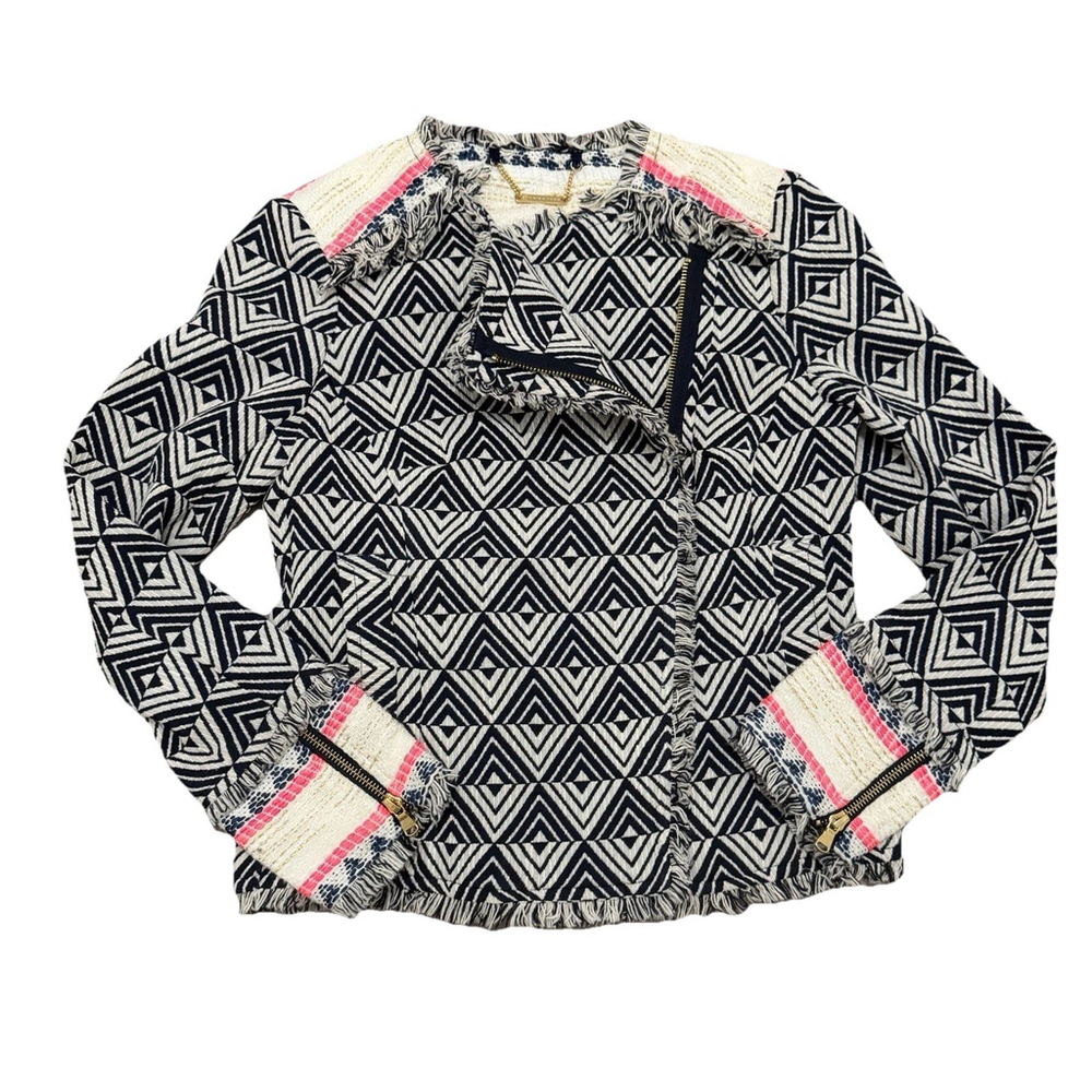 Trina Turk Women Tia Jaquard Jacket Indigo/white Asymetric Zip Size 2 $448